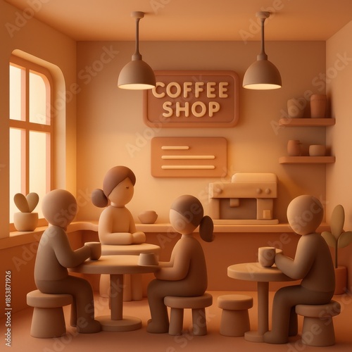 Stylized claymation coffee shop scene with customers enjoying their drinks
