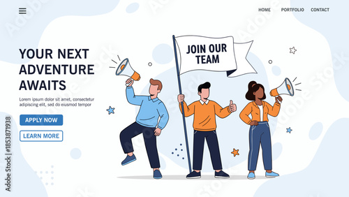 Modern flat vector illustration for recruitment and hiring landing page. Startup landing pages, corporate recruitment.
