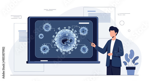 Illustration depicting an expert explaining viral structure and transmission mechanisms on digital