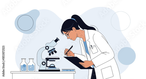Illustration of a female scientist working with a microscope in a laboratory setting diligently