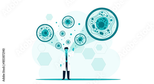 Illustration of a medical researcher visualizing cells under magnification, showcasing innovative
