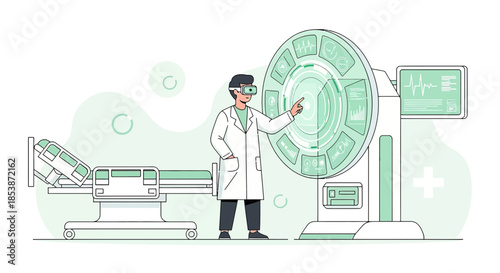 Illustration of a medical professional utilizing virtual reality interface for patient treatment