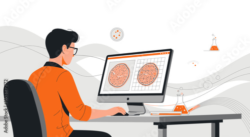 Illustration of a scientist analyzing cell cultures on a computer screen in a laboratory setting