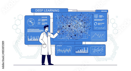 Illustration of a scientist explaining deep learning concepts on a complex interface design