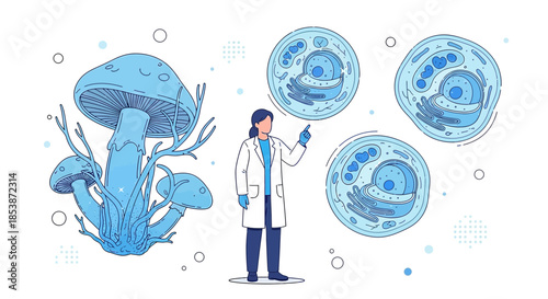Illustration of mycological research with a scientist studying cellular structures  for scientific