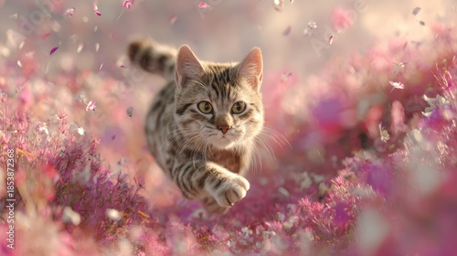 Playful tabby cat running through pink flower meadow