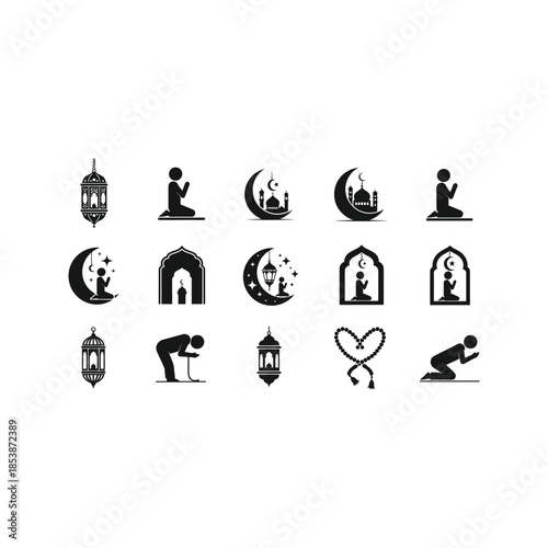 Ramadan icons set with mosque, lantern and rosary