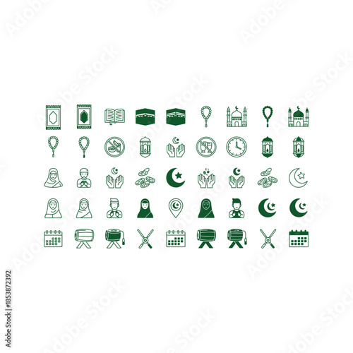 Ramadan icons set including mosque, Kaaba, Quran, and fasting symbols