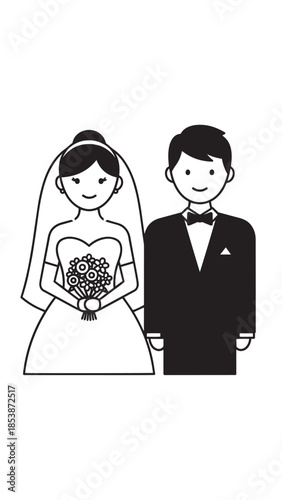 Cartoon wedding couple standing side by side in formal attire for marriage ceremony.