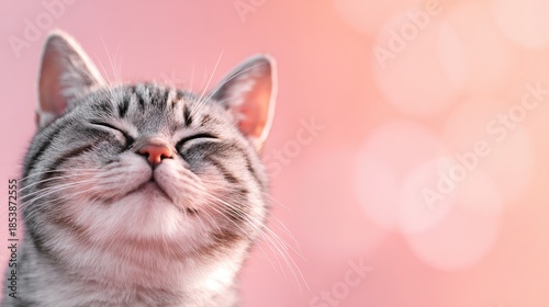 Close-up of a Happy Gray Tabby Cat with Pink Bokeh Background
