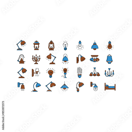 Various lamps and lighting fixtures in a colorful illustration
