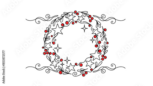 Magic Christmas Wreath Continuous Line Drawing with Stars and Flourishes, Celestial Holiday Vector