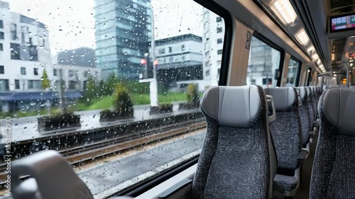 Train journey through rainy cityscape