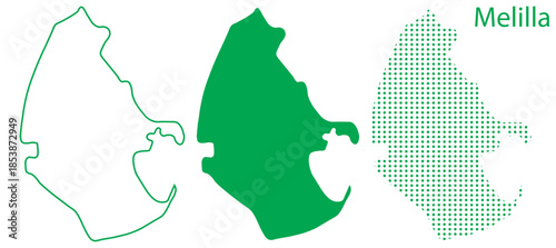 Melilla Map Vector Set, Spanish Autonomous City Outline Silhouette Dotted Green Shapes, Melilla Country Infographic Template, Editable EPS Melilla Geography