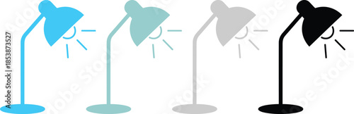 Modern desk lamp vector icons in multiple colors for home office workspace branding lighting retail catalogs interior design and productivity themed graphics.