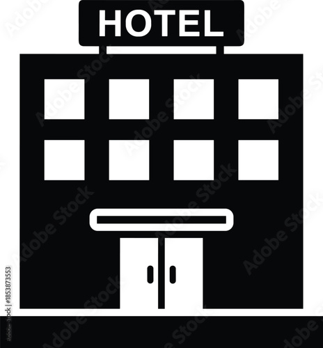 Modern minimalist hotel building silhouette vector icon for hospitality branding travel services urban city mapping and commercial real estate graphic elements.