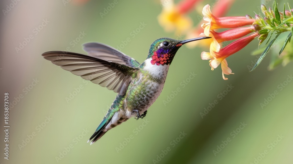 Fototapeta premium Annas Hummingbird Sips Nectar from Vibrant Red Tubular Flowers in Soft Sunlight.