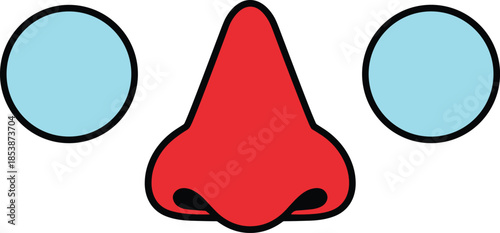 Stylized abstract face elements featuring a red nose and teal circular eyes for creative character design carnival branding and quirky graphic icons.