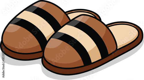 Stylized brown striped slippers vector illustration for home comfort apparel lifestyle branding hotel hospitality amenities and cozy indoor footwear graphic elements.