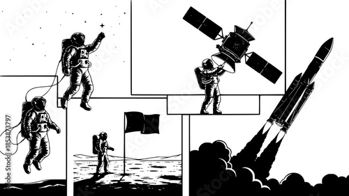 Black and white space exploration silhouettes of astronauts floating, planting flags, operating satellite, and a rocket launching in space
