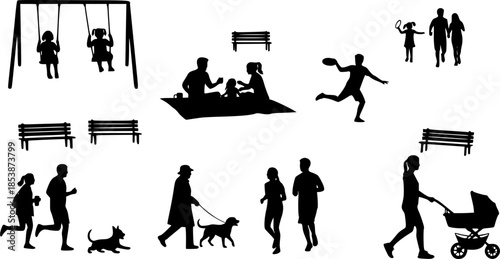 People different ages doing outdoors activities with various poses in public park vector silhouettes. People all ages playing in park family bonding leisure time black silhouette set
