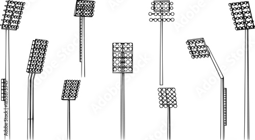 Stadium light pole silhouette set, floodlight vector illustration, sports field illumination design, outdoor arena lighting system, electricity infrastructure drawing, engineering lamp collection