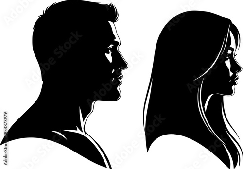 vector set, Vector illustration of silhouette man and woman portrait in profile. Male and female head on a white background side view.
