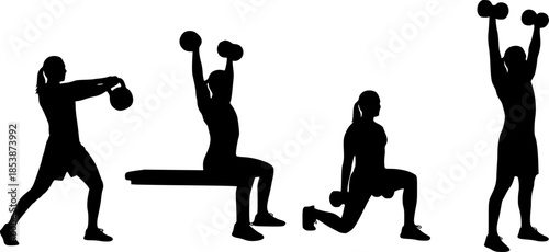 Four exercise silhouettes — kettlebell swing, seated dumbbell shoulder press, lunge with dumbbell, standing dumbbell shoulder press, fitness training illustration set