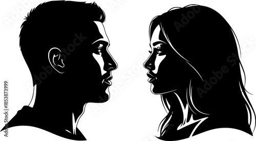 vector set, Vector illustration of silhouette man and woman portrait in profile. Male and female head on a white background side view.
