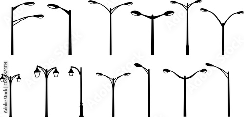 Streetlight silhouette collection, dual arm lamp post designs, urban lighting illustration, modern city pole artwork, outdoor night architecture elements