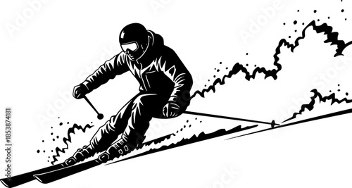 Dynamic skiing silhouette, skier in motion, winter sports action, alpine skiing, extreme sport, ski poles, downhill skiing, snow adventure.
