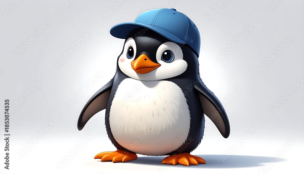 Obraz premium A charming, chubby cartoon penguin with bright eyes, wearing a blue baseball cap, set against a clean, white background