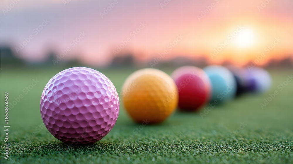Naklejka premium Colorful golf balls on a green putting surface at sunset.