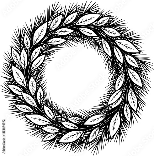 Pine Needle Laurel Wreath Circular Decorative Element Vector
