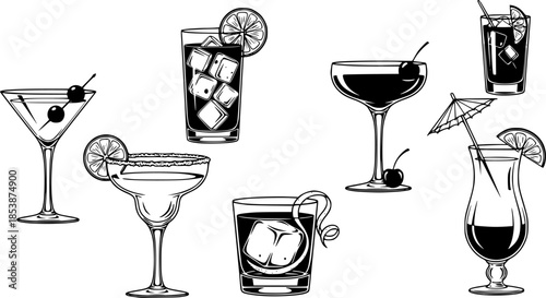 Assorted cocktails collection vector black and white illustration. Various drinks in different glasses with garnishes.
