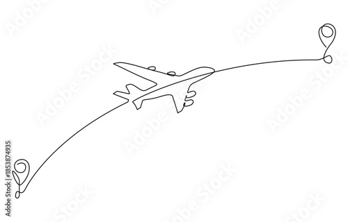Airplane path and point in One Continuous line drawing. Airplane flight concept with the location of the start and end point on transparent background