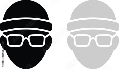 Modern minimalist silhouette of a man wearing glasses and beanie hat for creative professional avatar profile icon streetwear fashion branding and hipster lifestyle.