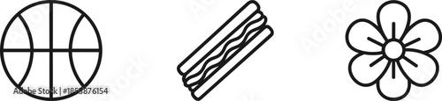 Minimalist black line art icons featuring a basketball long subway sandwich and a simple six petal flower representing sports nutrition and nature themes