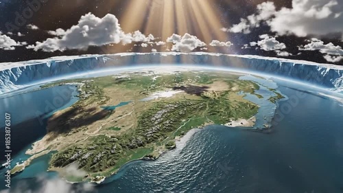 A conceptual render showcasing the intriguing model of a flat earth surrounded by an icy firmament, illuminated by celestial rays