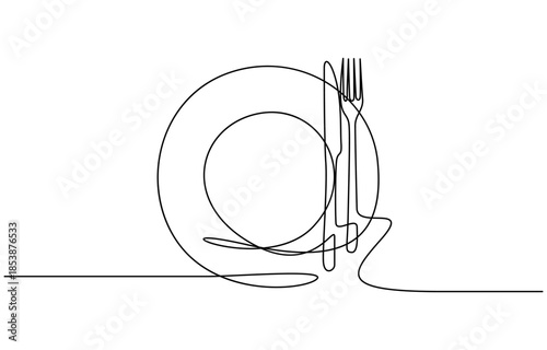 Continuous line art or One Line Drawing of plate, khife and fork. Editable black stroke on white background. Vector illustration.