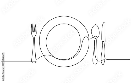 Continuous line art or One Line Drawing of plate, khife and fork. Editable black stroke on white background. Vector illustration.