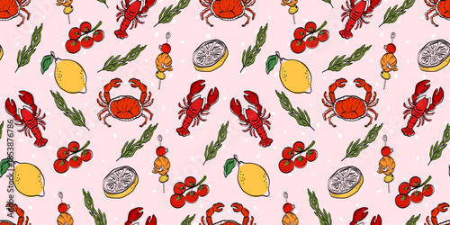 Seamless Mediterranean food pattern with lobster, crab, lemon, tomato, seafood skewers and herbs on pink background. Decorative repeat for kitchen textiles, packaging, menus and summer dining decor