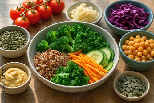 A vibrant plant based meal bowl filled with quinoa broccoli kale carrots and cucumber surrounded by fresh tomatoes lentils cabbage and seeds