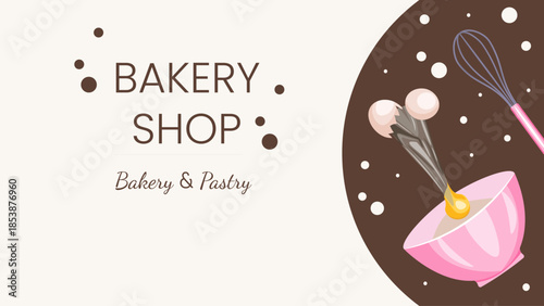 Bakery shop background with baking tools, ingredients and desserts. Cartoon design for bakery house, baking class, pastry website banner, menu and food advertising.