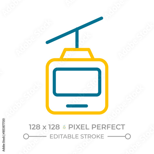 Cable car pixel perfect two color line icon. Aerial tramway carrying passengers over ground. Safe gondola lift bicolor outline symbol. Duotone linear pictogram. Isolated illustration. Editable stroke