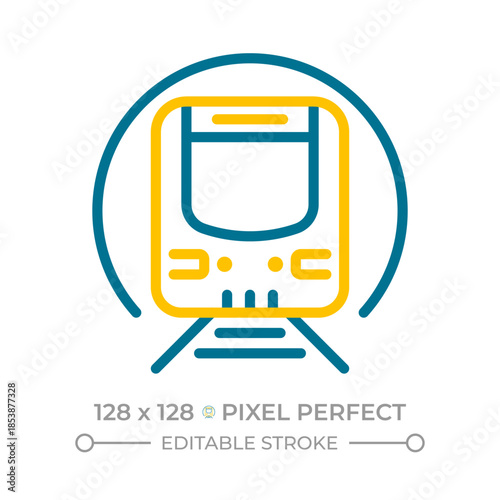 Metro pixel perfect two color line icon. Train in subway tunnel. Railway passenger transport. Underground bicolor outline symbol. Duotone linear pictogram. Isolated illustration. Editable stroke
