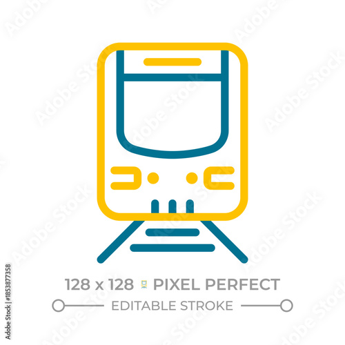Train pixel perfect two color line icon. Public vehicle driving along railway. Passengers cargo transportation bicolor outline symbol. Duotone linear pictogram. Isolated illustration. Editable stroke