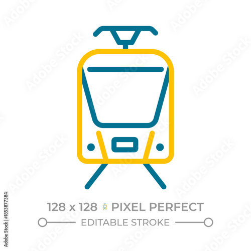 Tram pixel perfect two color line icon. Streetcar driving along light railway. Electric public transport bicolor outline symbol. Duotone linear pictogram. Isolated illustration. Editable stroke