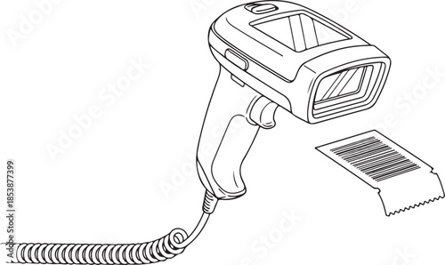 Handheld Barcode Scanner Reading Label Line Art Vector Icon Retail Inventory & POS Technology