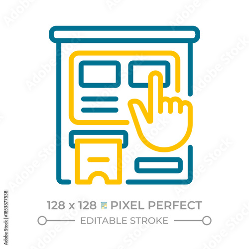 Ticket machine pixel perfect two color line icon. Automated kiosk validating payment for transport service bicolor outline symbol. Duotone linear pictogram. Isolated illustration. Editable stroke